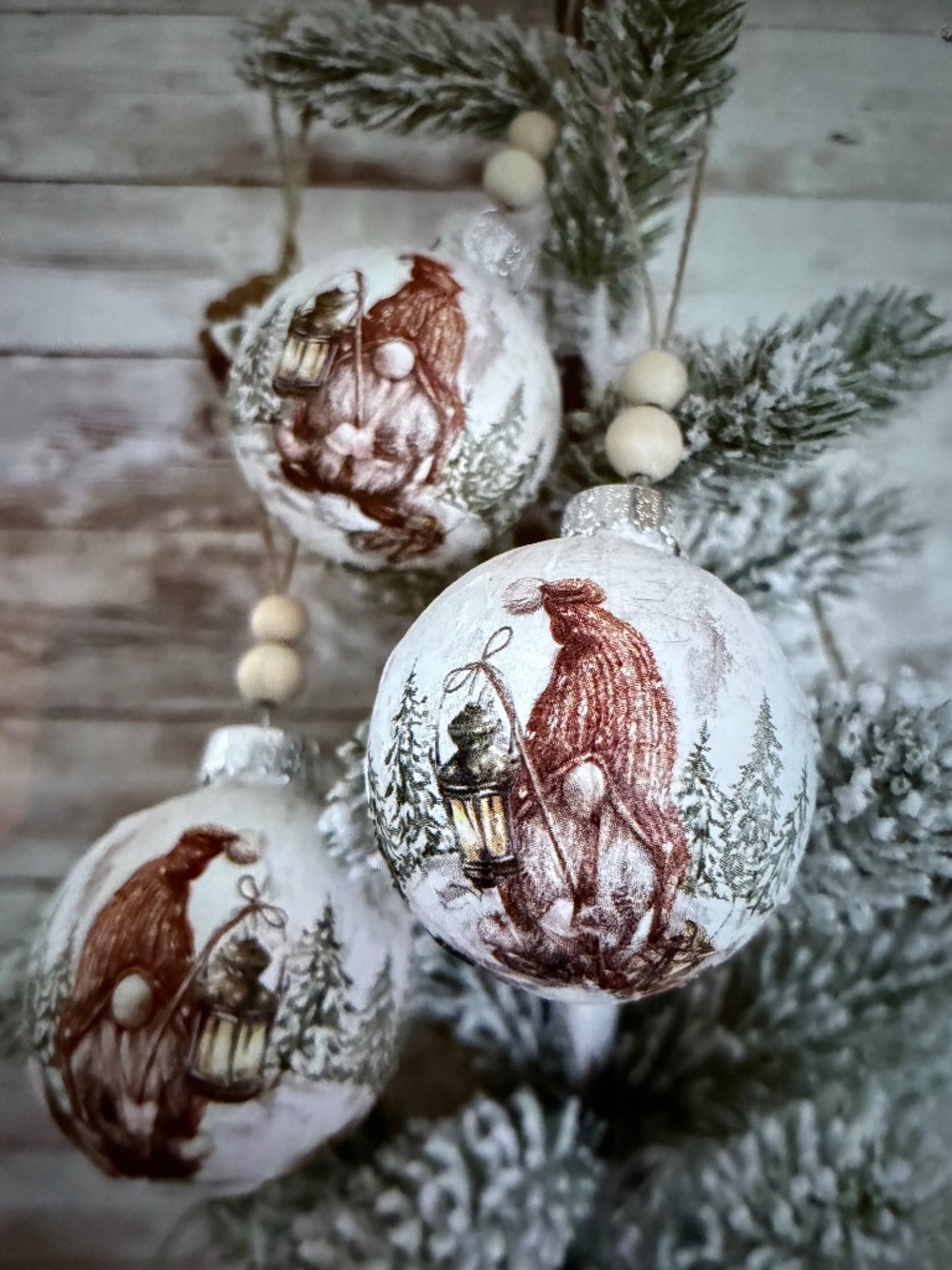 Cute Christmas Forrest Gnome Ornament, Handmade Toile Decoupage